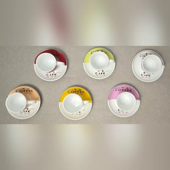 Vintage Café Coffee Cups & Saucers Set of 6 Multicolor Espresso Style - Picture 5 of 12